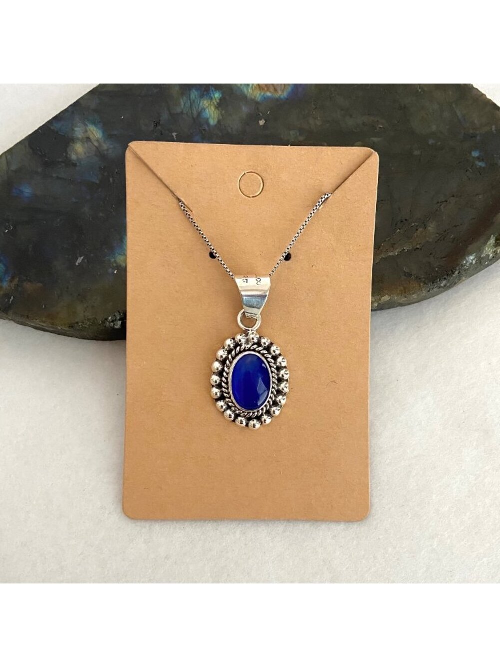 Sterling Silver 925 Mexico Oval Royal Blue Cats Eye Pendant Necklace 20.5" Chain